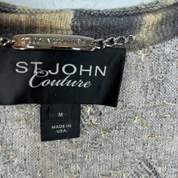 St John Couture ladies Cardigan sweater medium gray brown gold animal metallic - Picture 2 of 12
